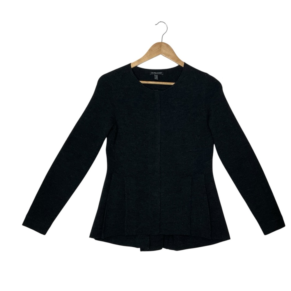 EILEEN FISHER sz X Small P Wool Peplum Sweater Hidden Full Zip Pleats Charcoal - Picture 4 of 8